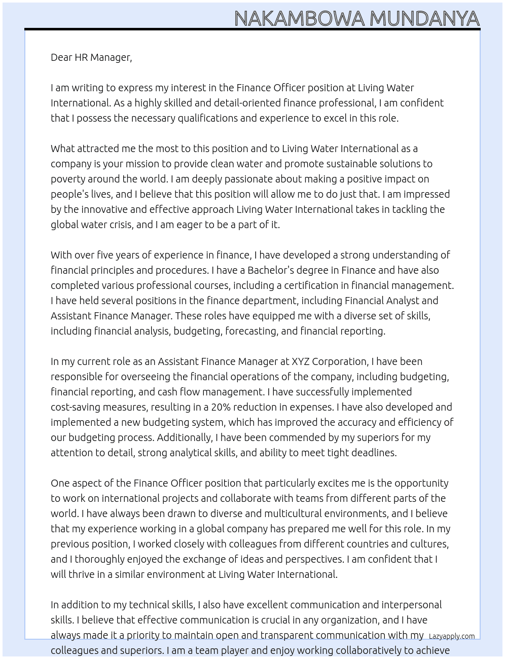finance officer At living water international Cover Letter