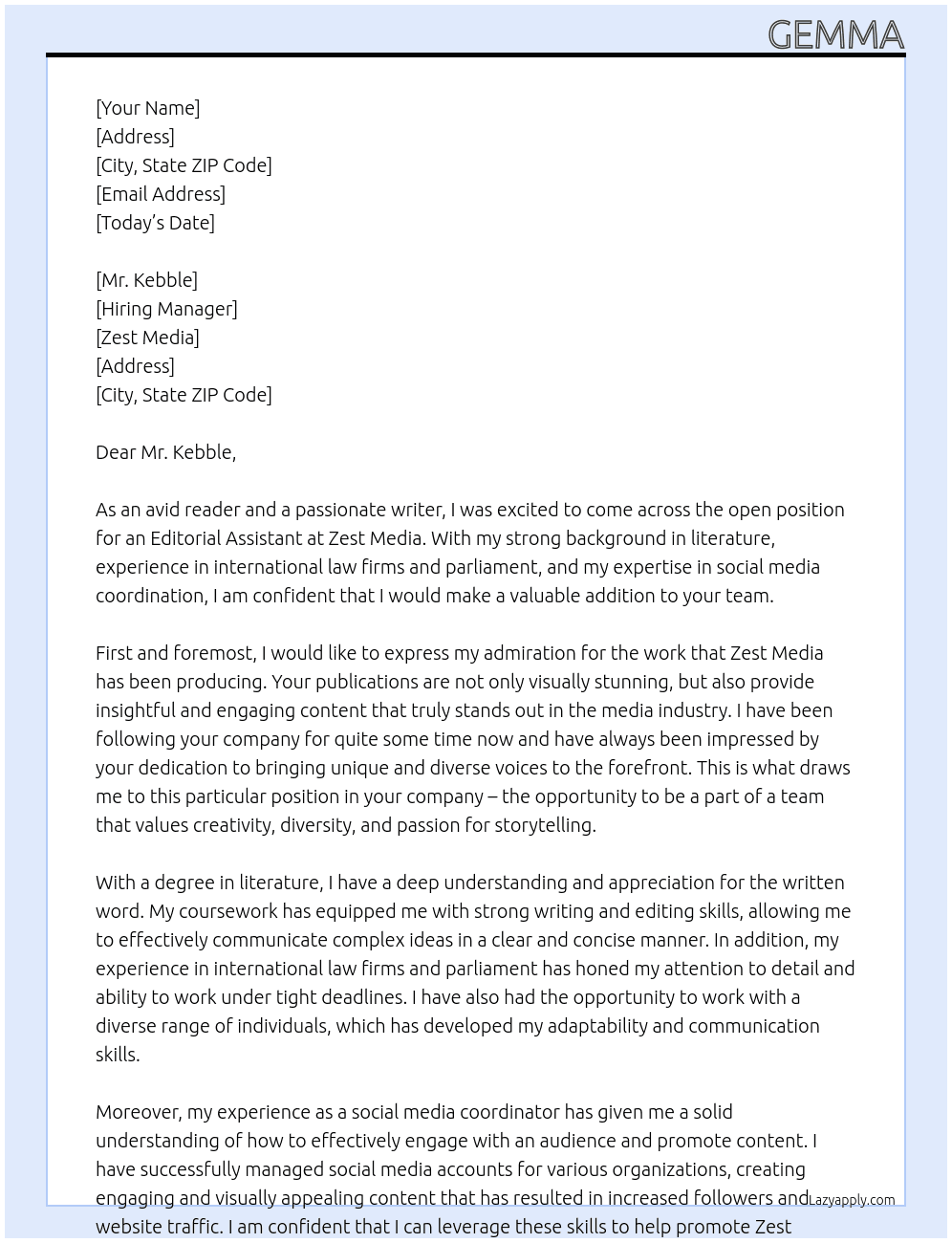 Editorial Assistant At Zest Media Cover Letter
