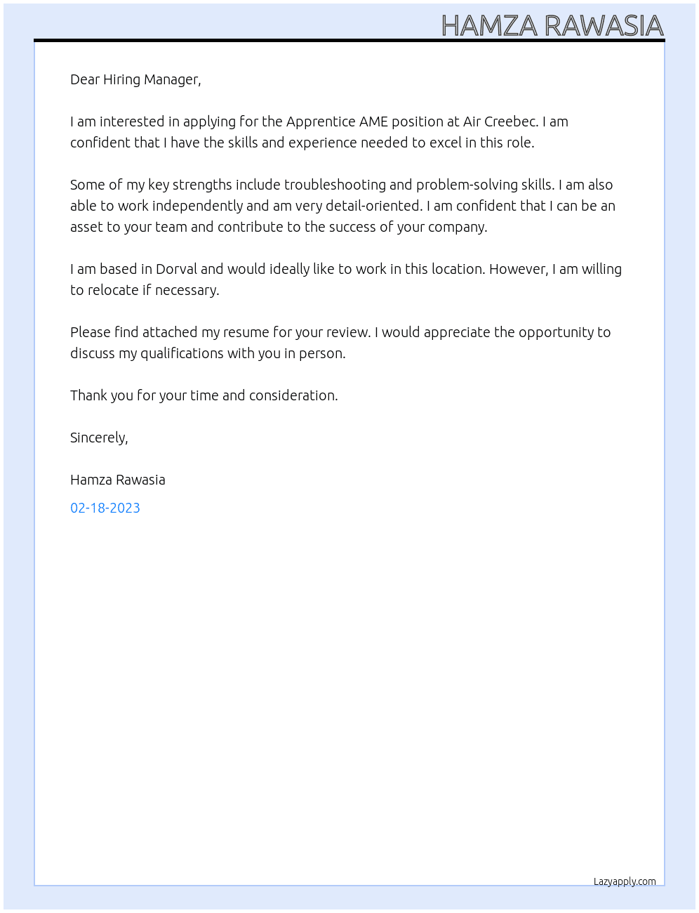 Apprentice AME At Air Creebec Cover Letter