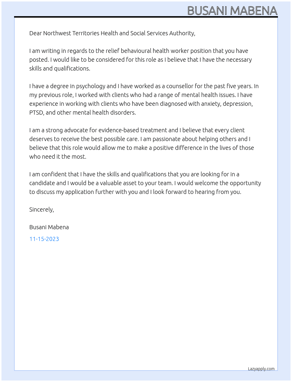 Relief Behavioural Health Worker At Government of Northwest Territories Cover Letter