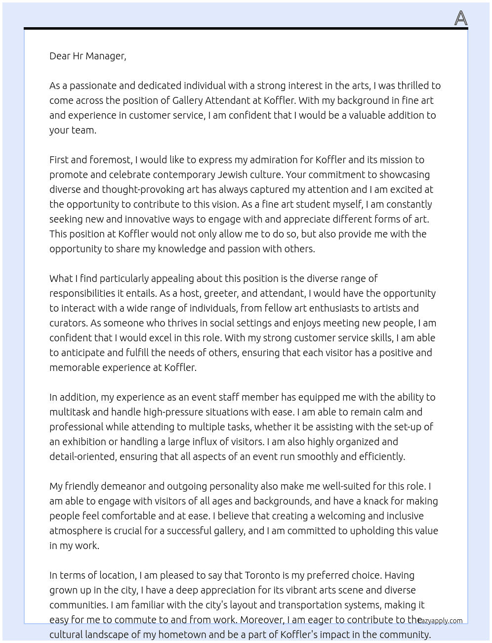 Gallery Attendant At Koffler Cover Letter