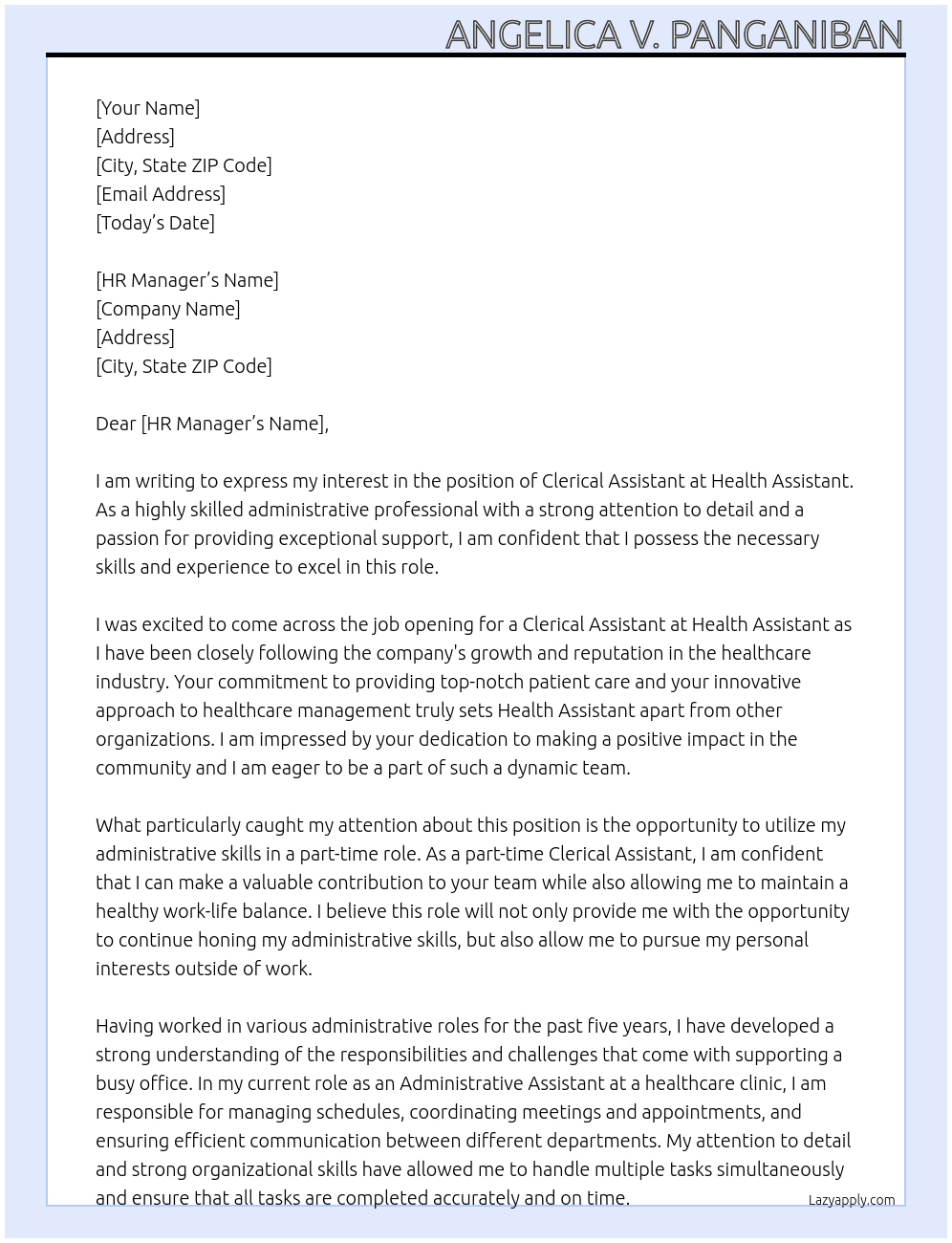 clerical assistant At health assistant Cover Letter
