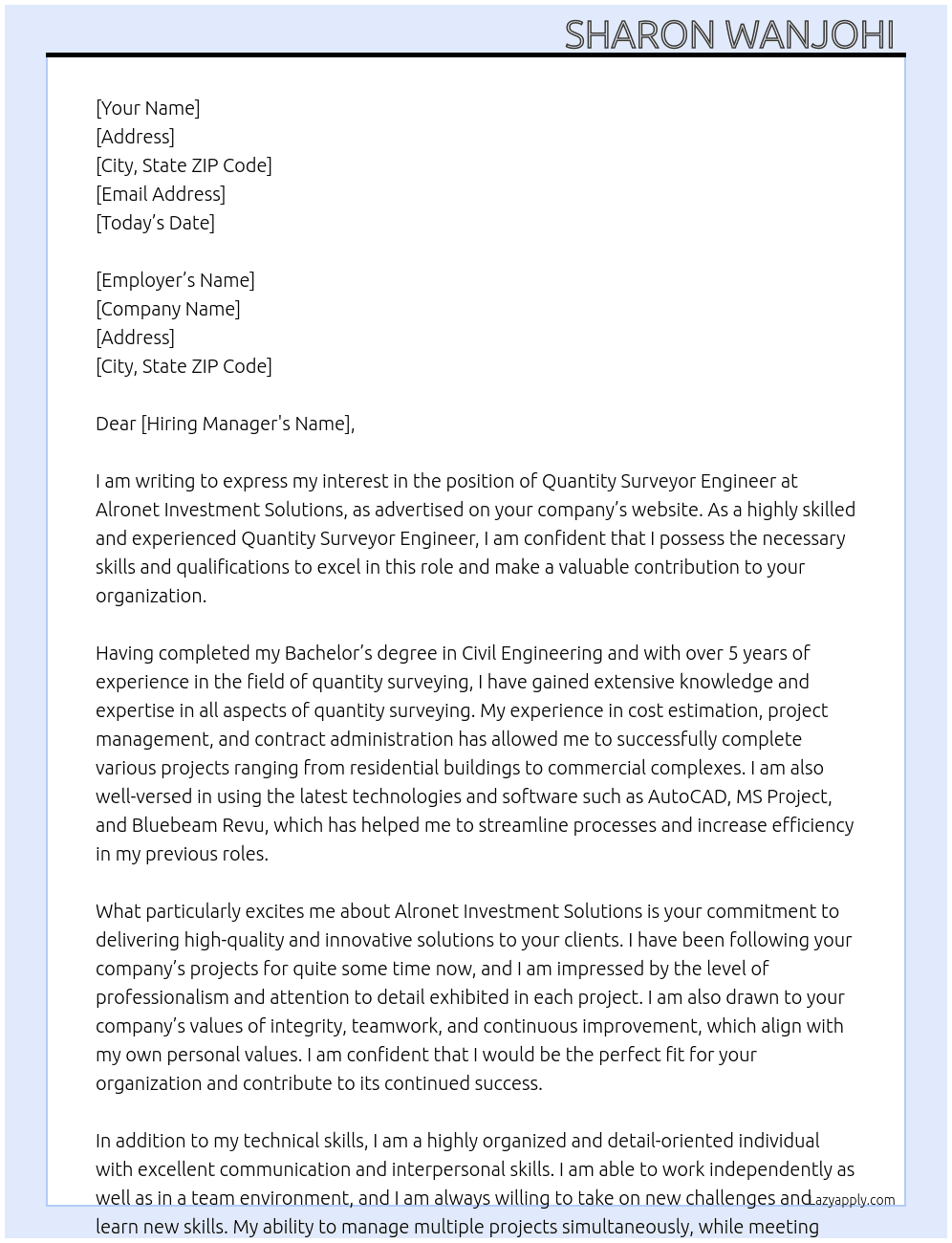 Quantity Surveyor Engineer At Alronet Investment Solutions Cover Letter