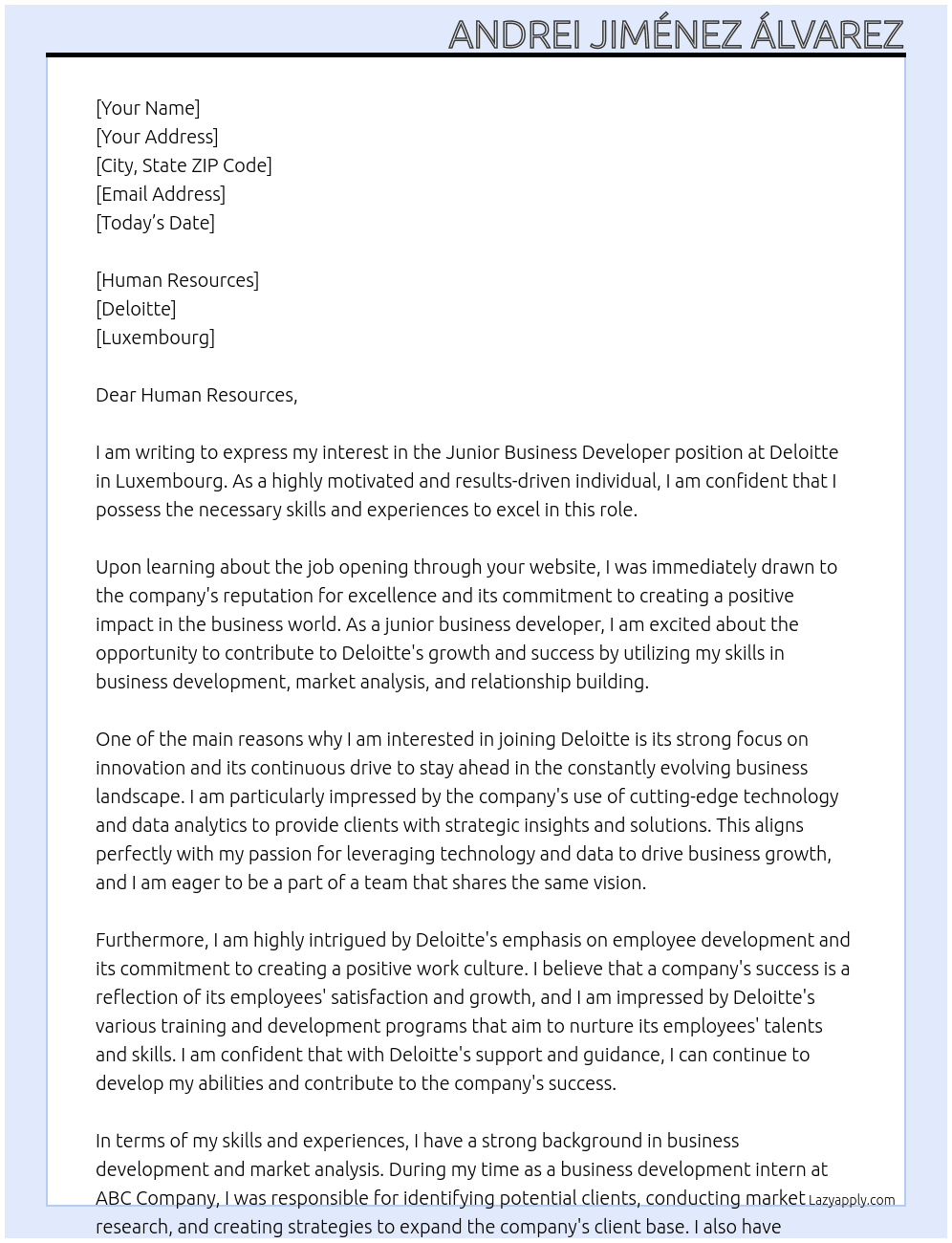 Cover letter for junior business developer - LazyApply