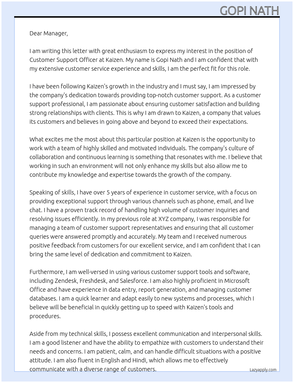 Customer support officer  At Kaizen Cover Letter