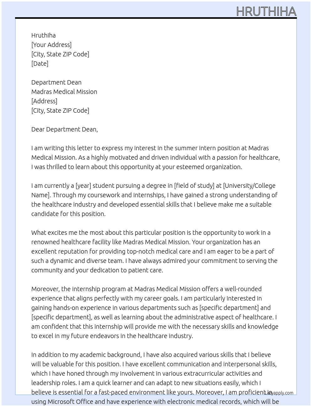 summer intern At madras mediczl mission Cover Letter