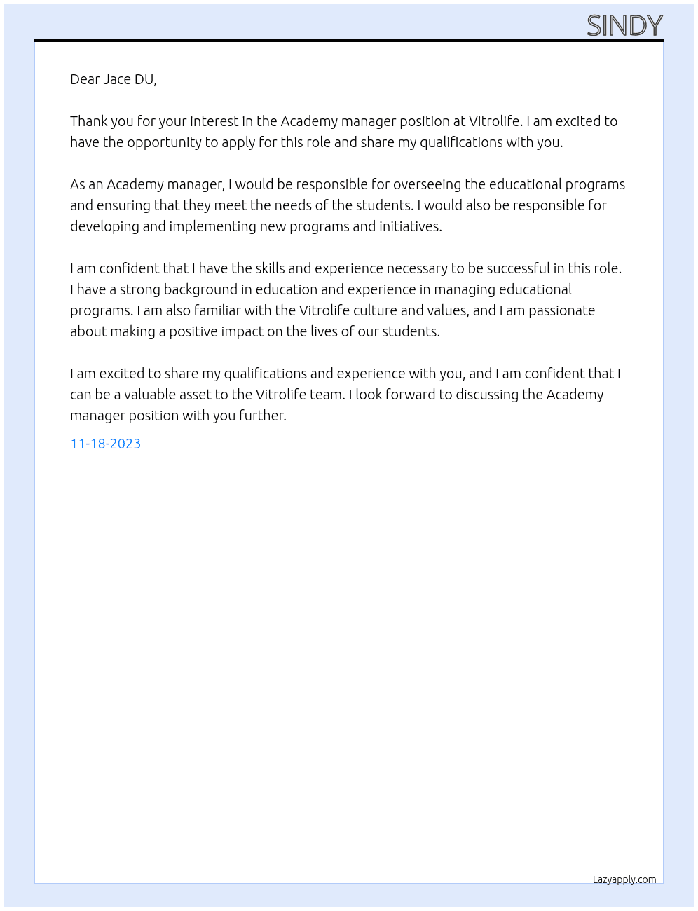 Academy manager At Vitrolife Cover Letter