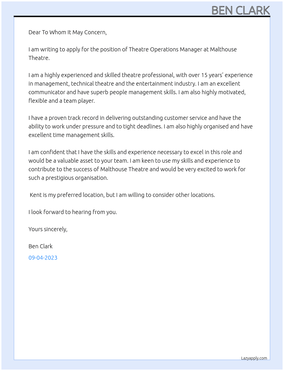 Theatre Operations Manager At Malthouse Theatre Cover Letter