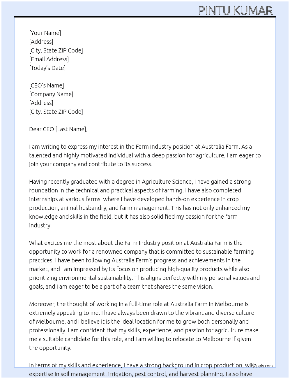 Farm industry  At Australia farm Cover Letter