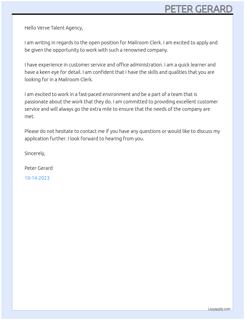 Mailroom Clerk At Verve Talent Agency Cover Letter