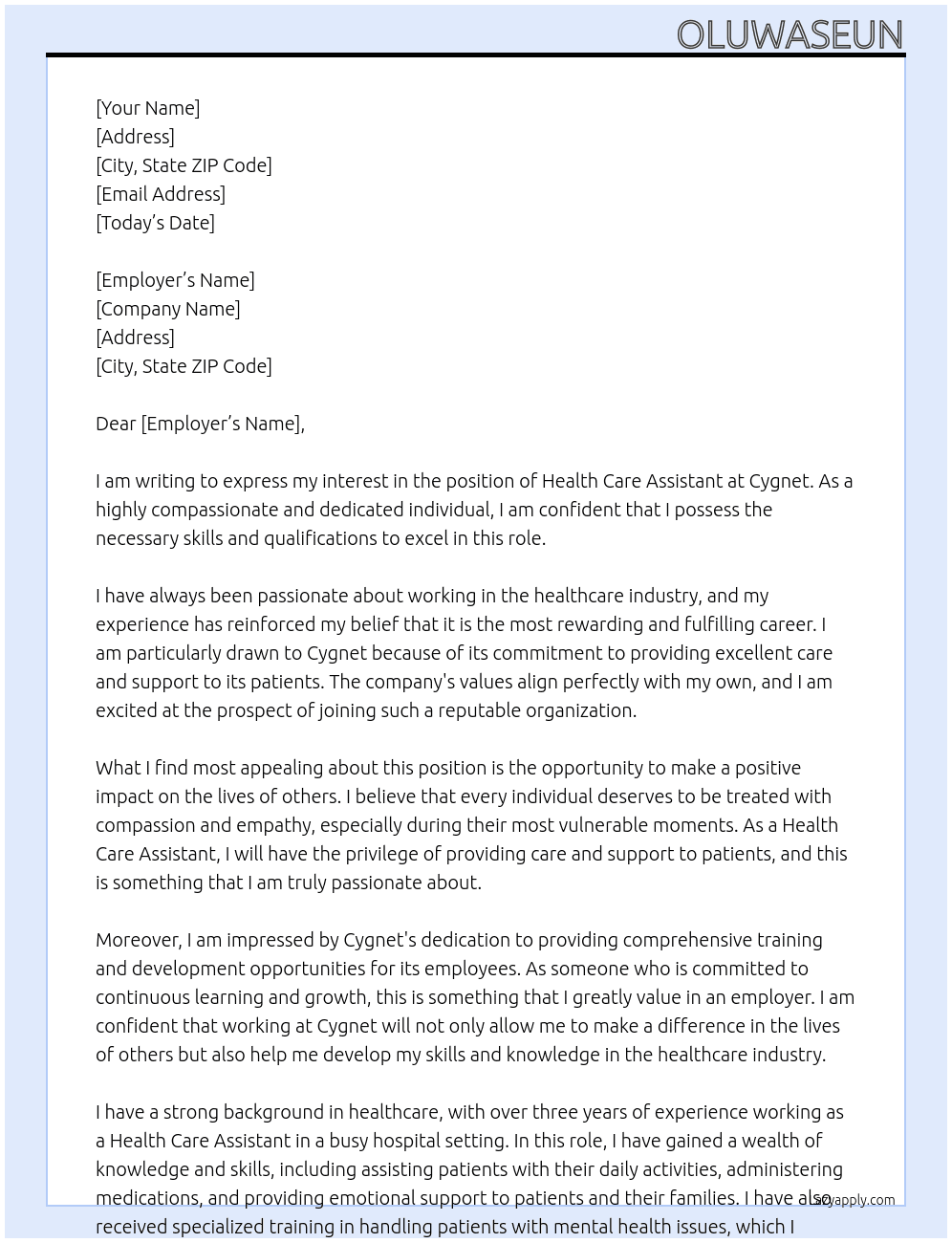 health care Assistant At cygnet Cover Letter