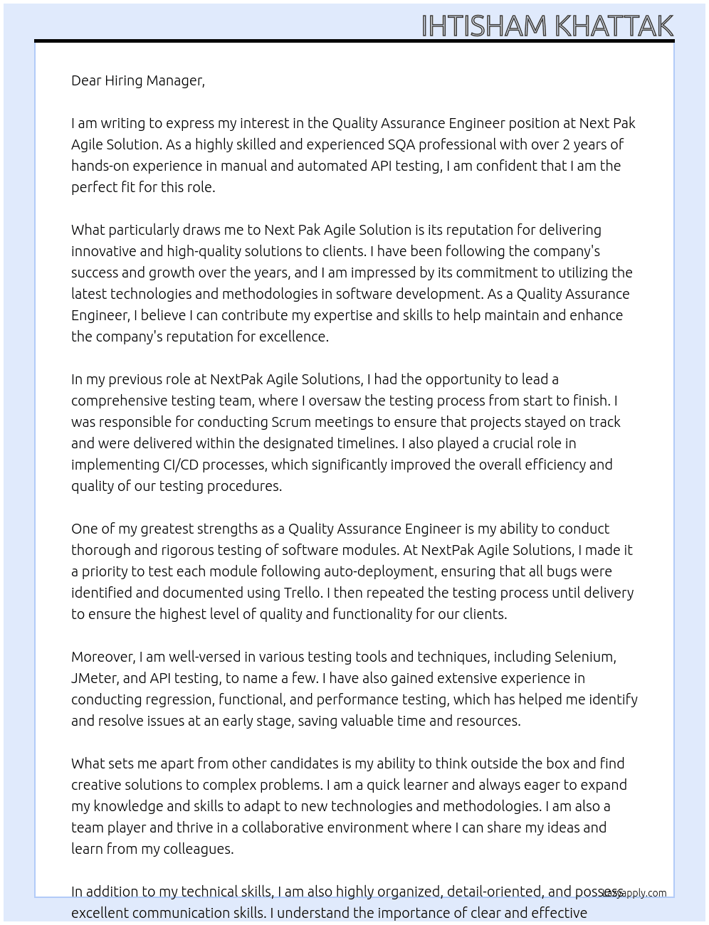 SQA At Next Pak Agile Solution Cover Letter