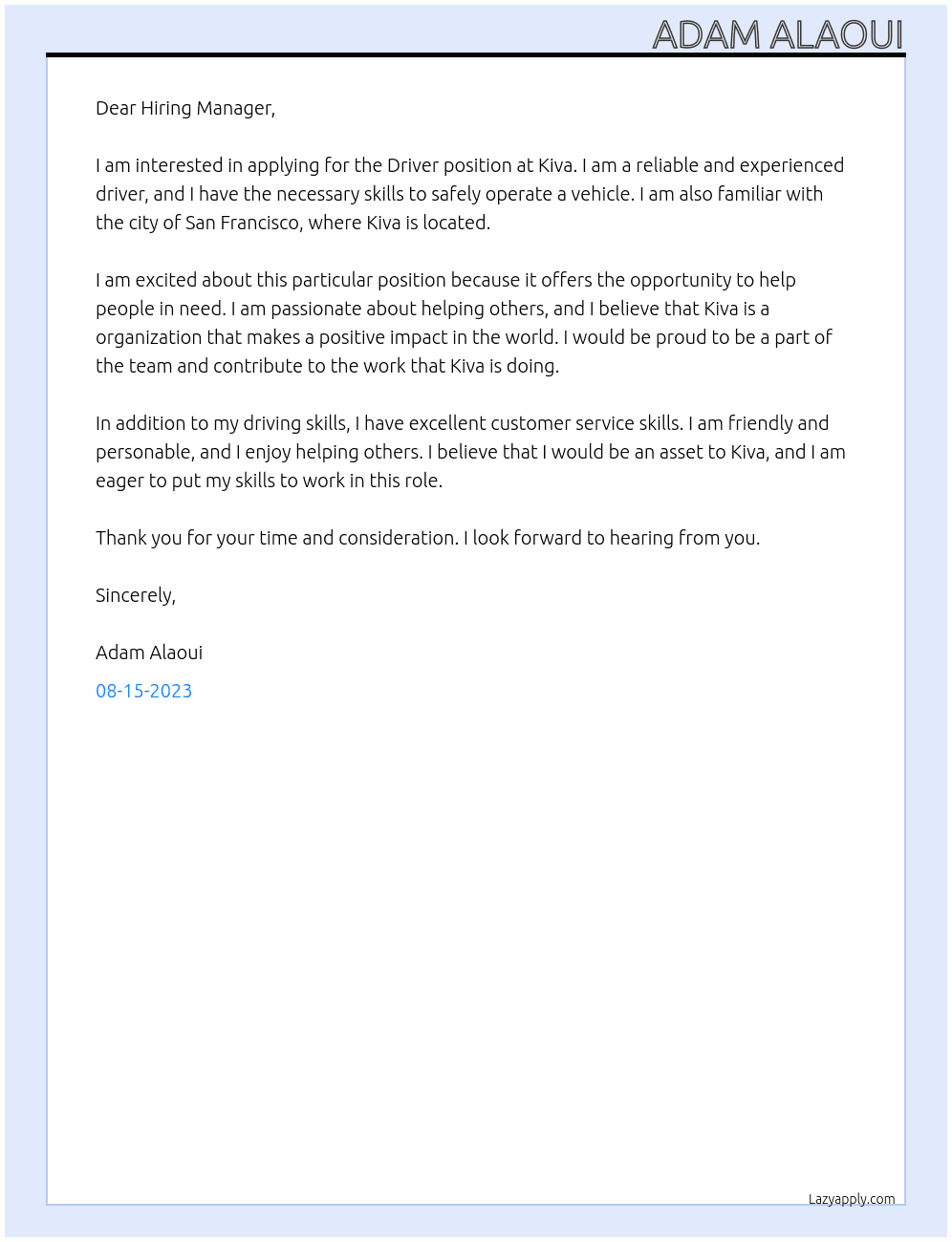 Driver At Kiva Cover Letter