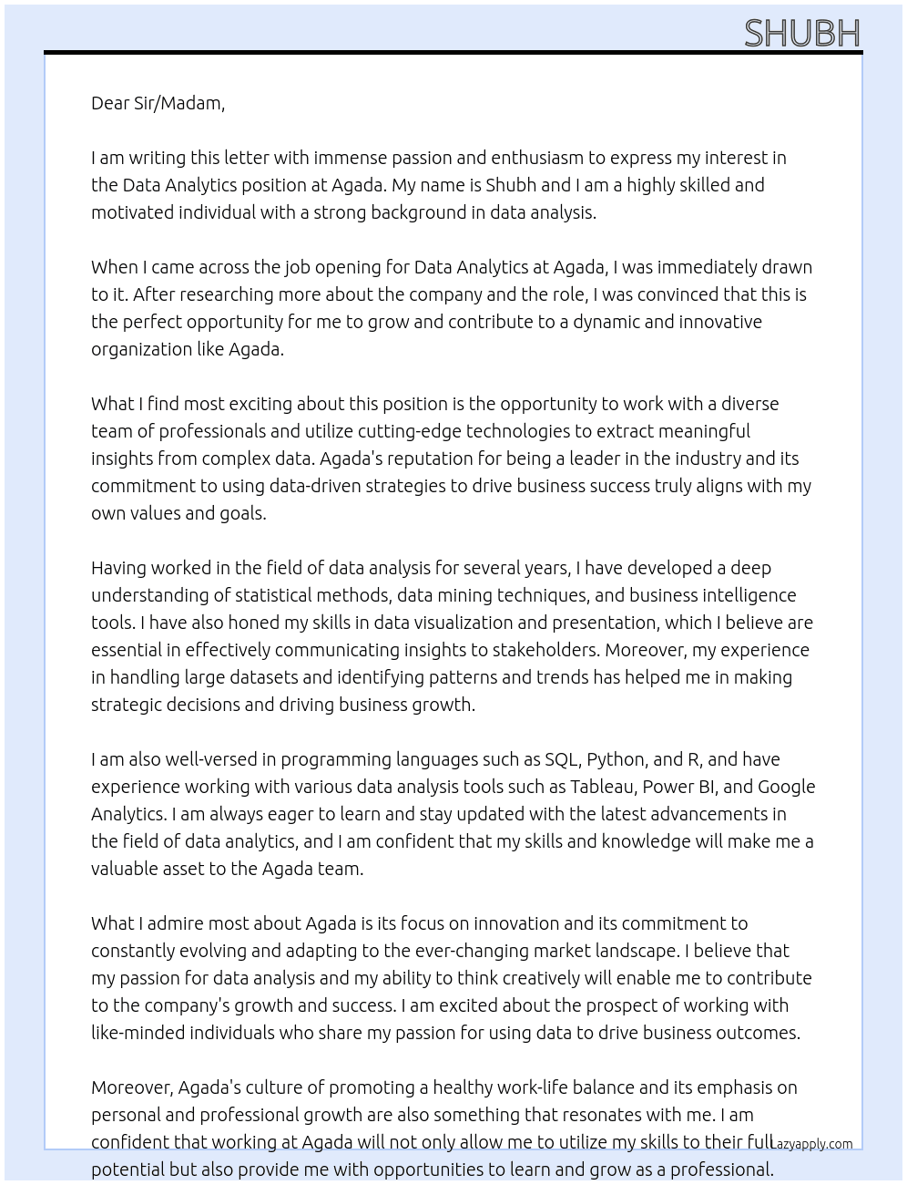 Data Analytics At Agada Cover Letter