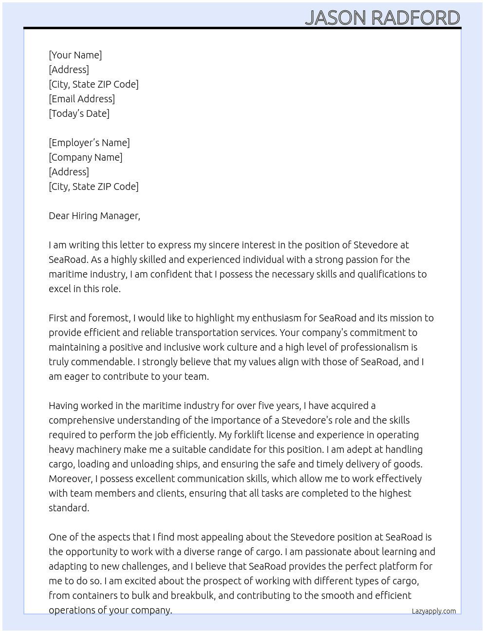 Stevedore At SeaRoad Cover Letter