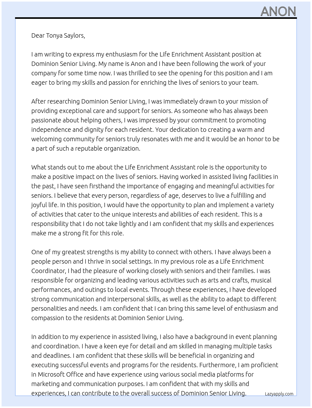 Life Enrichment Assistant At Dmoinion Senior Living Cover Letter
