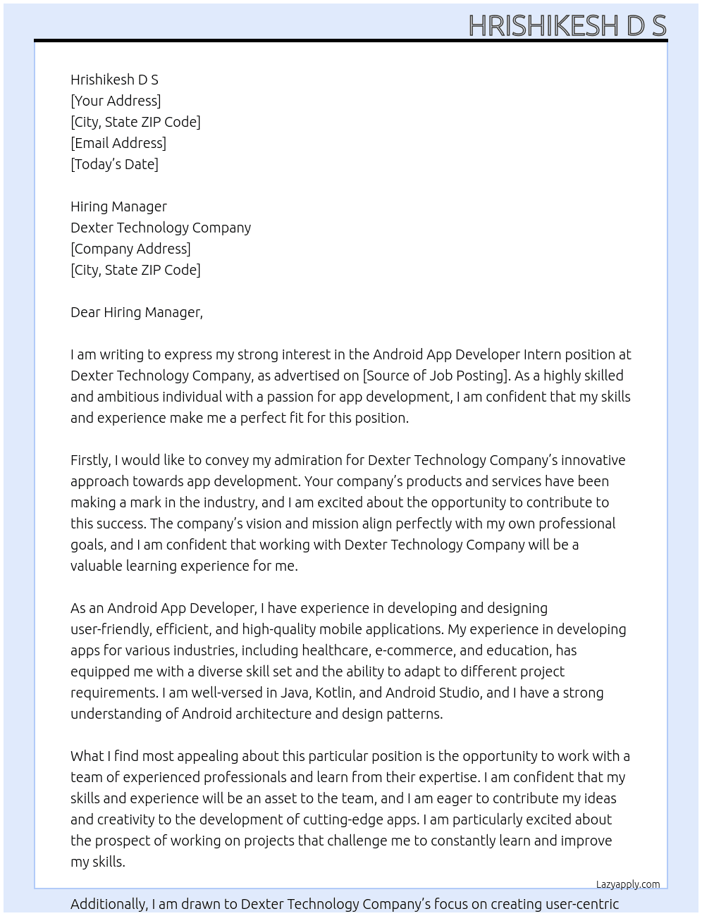Android App Developer Intern At Dexter Technology Company Cover Letter