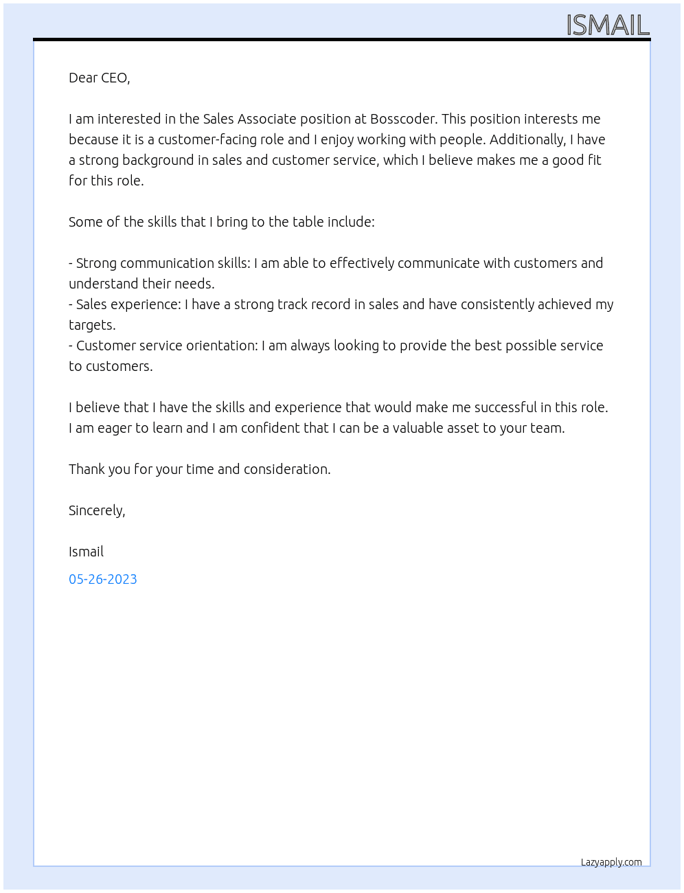 Sales Associate  At Bosscoder Cover Letter