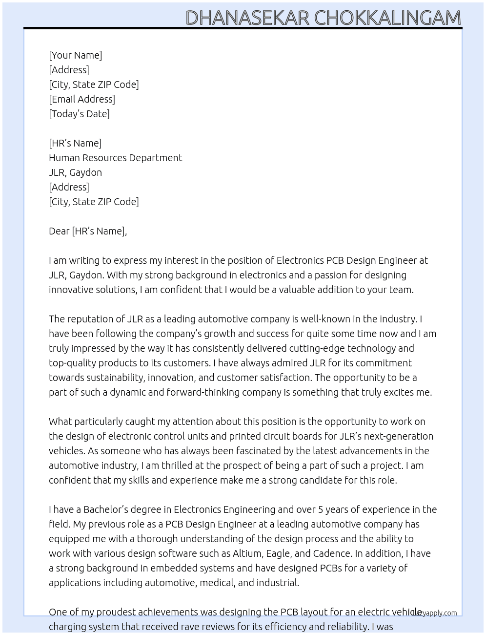 Electronics PCB Design Engineer At JLR,Gaydon Cover Letter