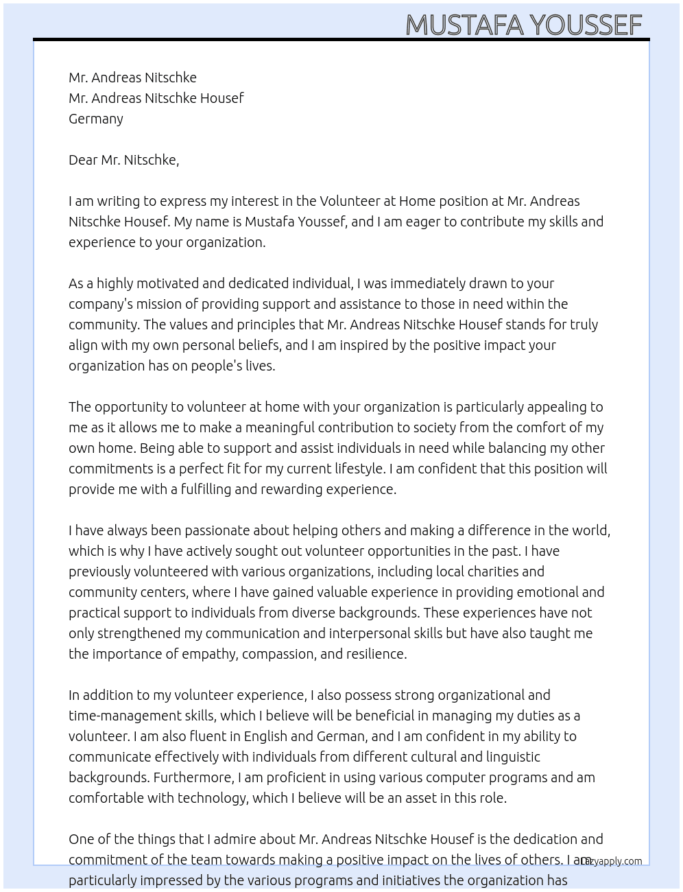 Cover letter for volunteer at home - LazyApply