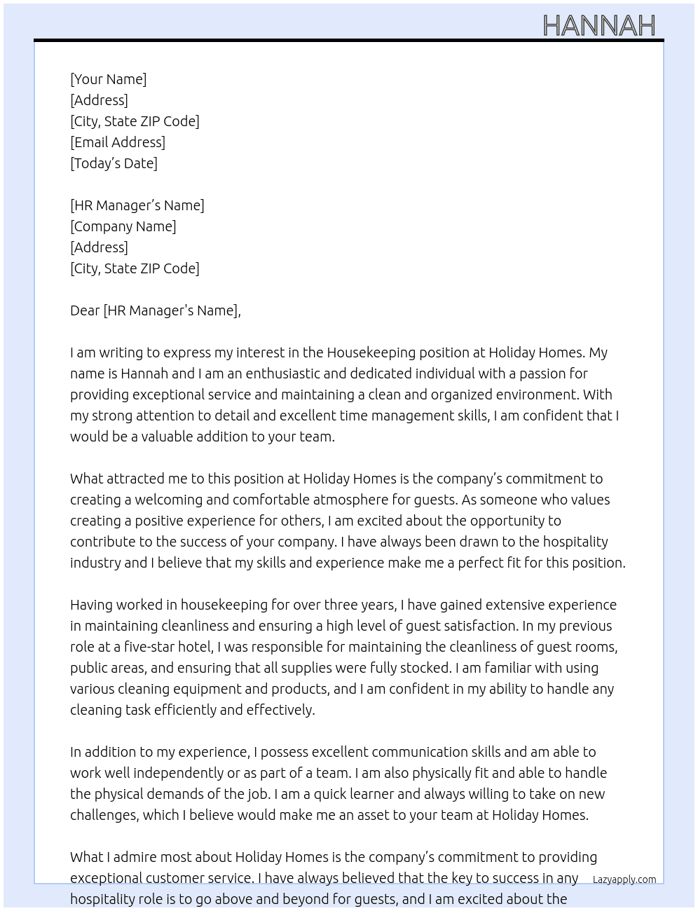 Housekeeping  At Holiday homes Cover Letter