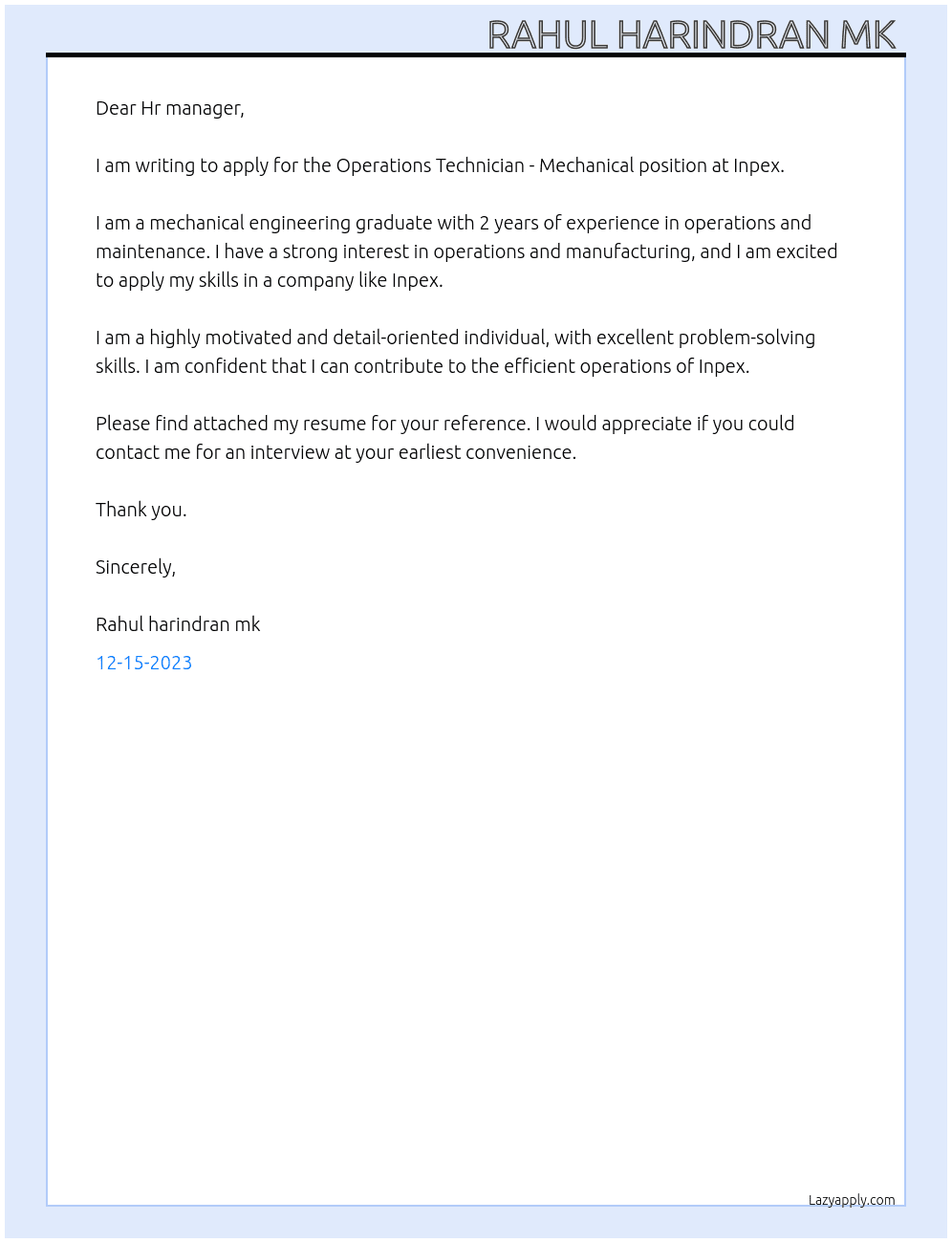 Operations Technician - Mechanical  At Inpex Cover Letter