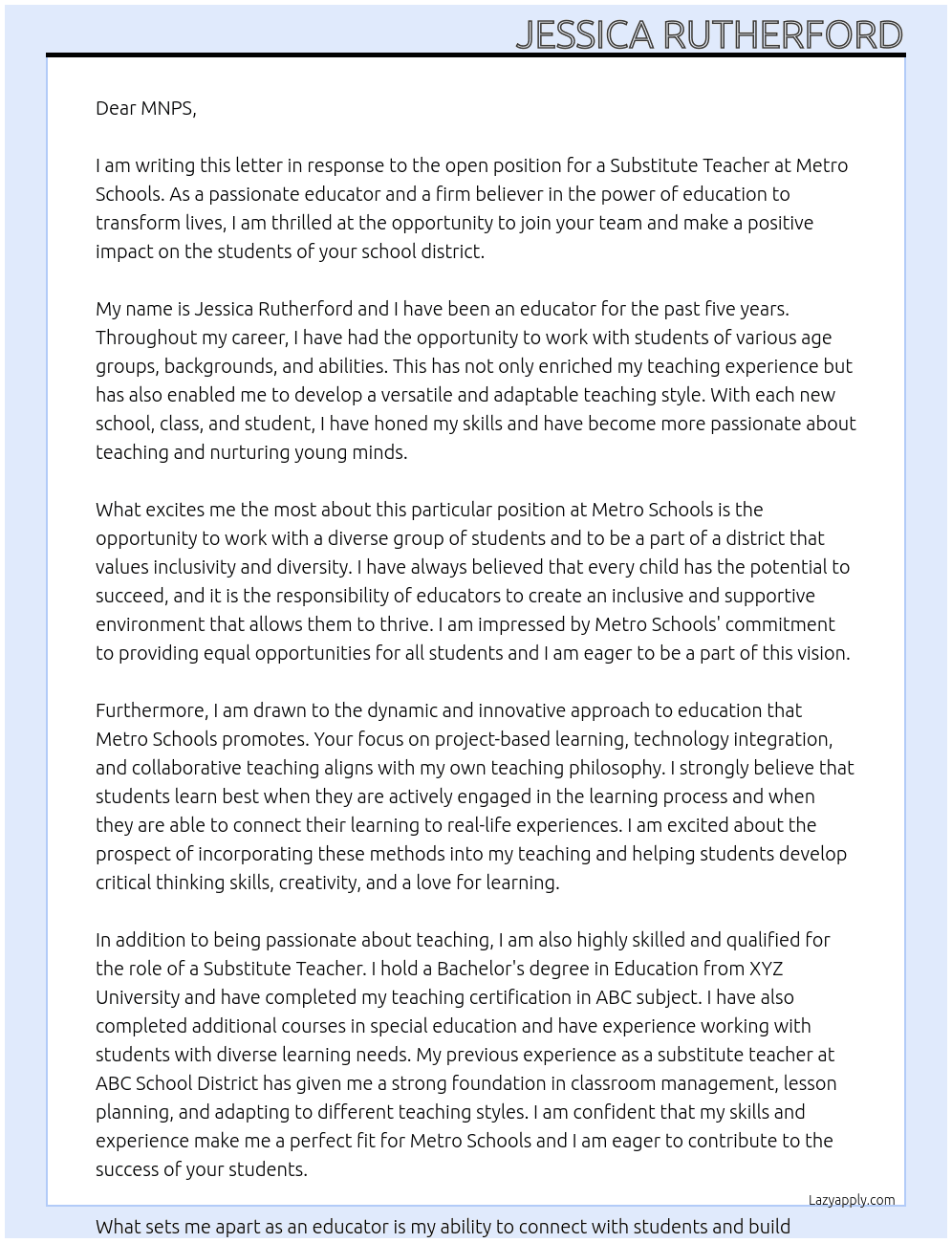 subsitute teacher At metro schools Cover Letter