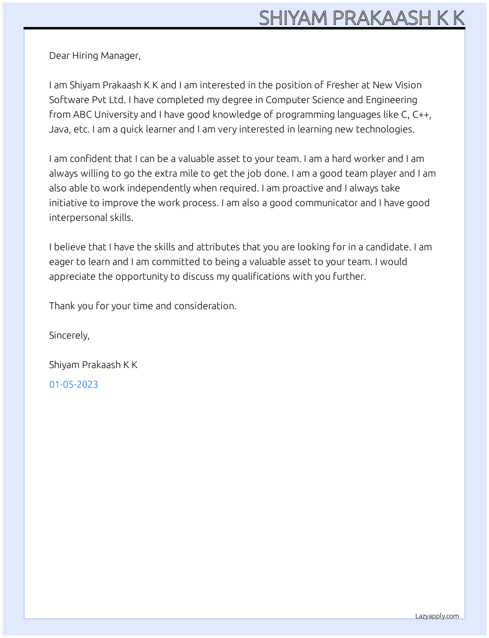 Fresher At New Vision Software Pvt Ltd Cover Letter