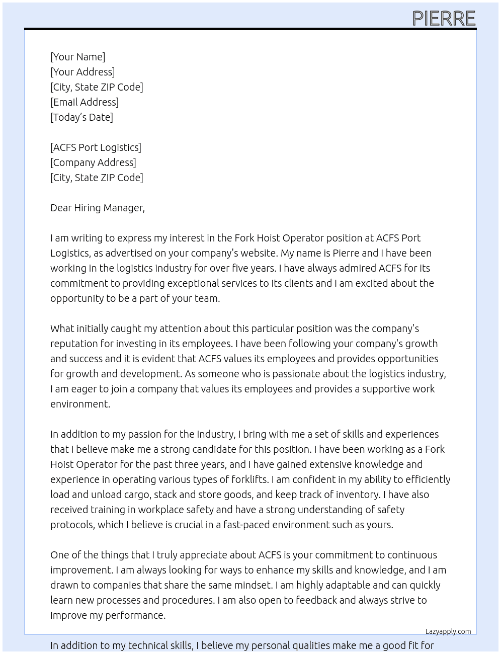 Fork Hoist Operator At ACFS Cover Letter