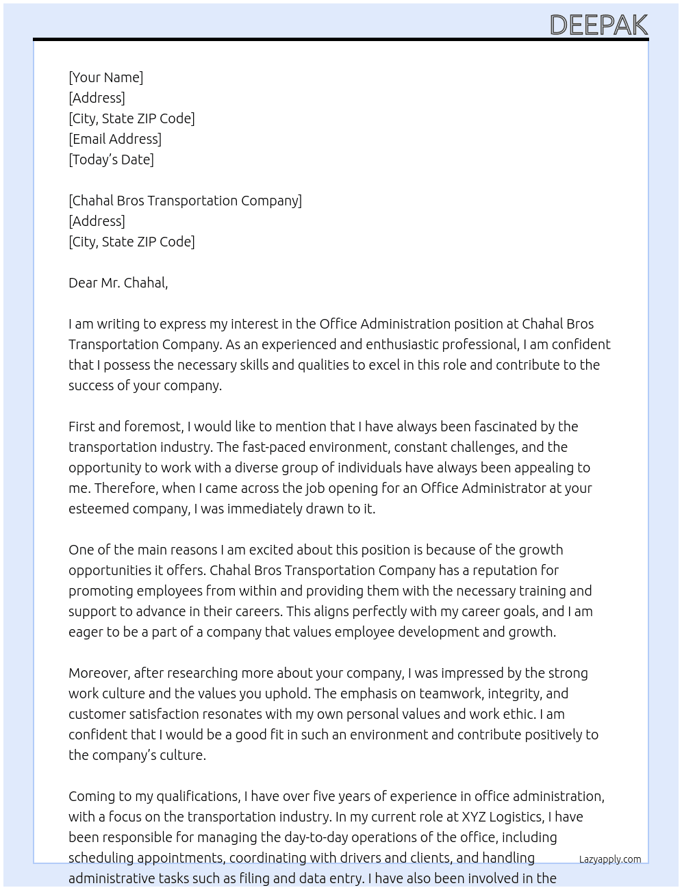 office administration At Chahal Bros transportation company Cover Letter
