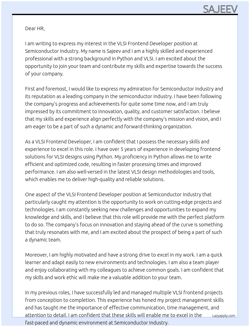 vlsi forntend developer At semiconductor industry Cover Letter