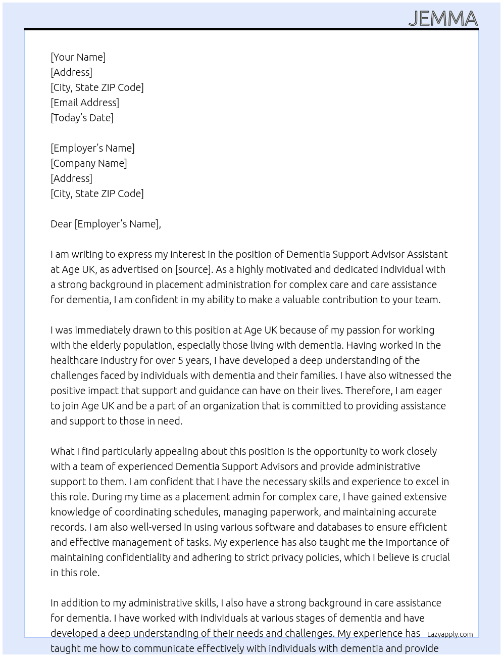 Dementia support advisor assistant  At Age uk Cover Letter