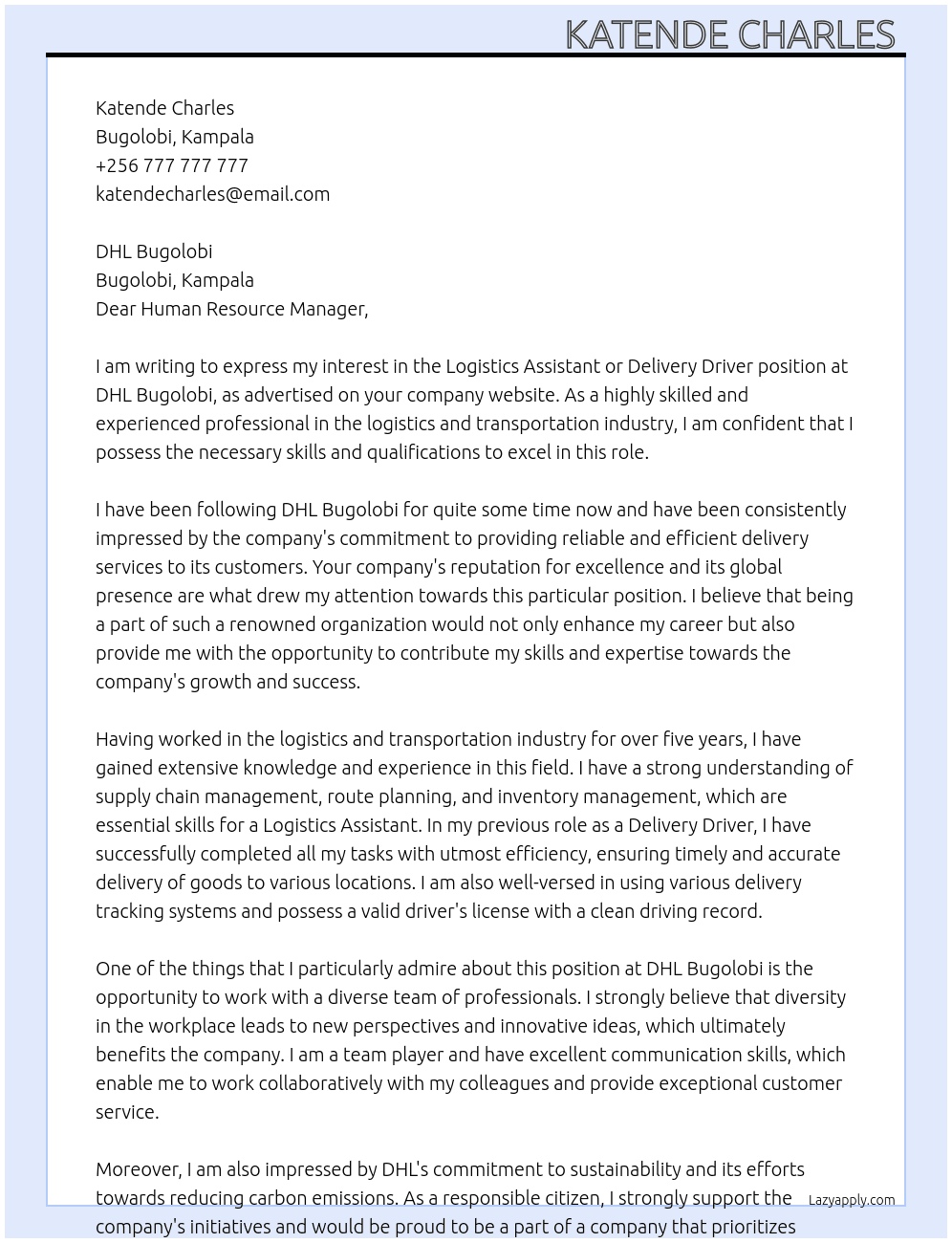 Logistics assistant or delivery driver  At DHL BUGOLOBI  Cover Letter