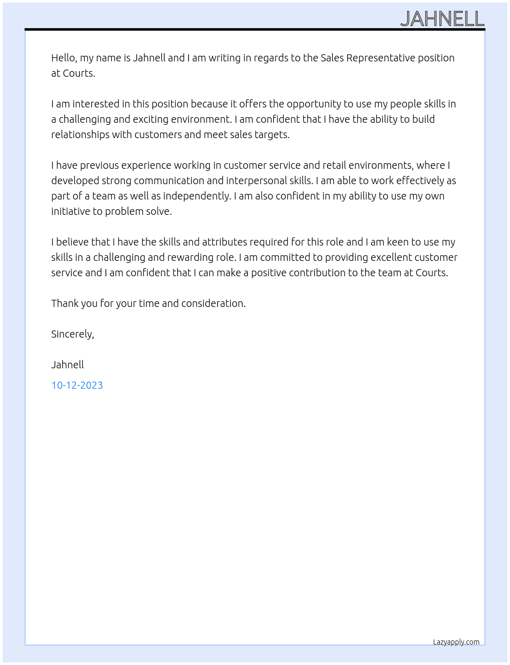 sales representative At courts Cover Letter