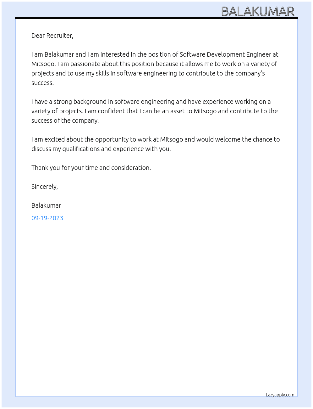 Software Development Engineer  At Mitsogo Cover Letter