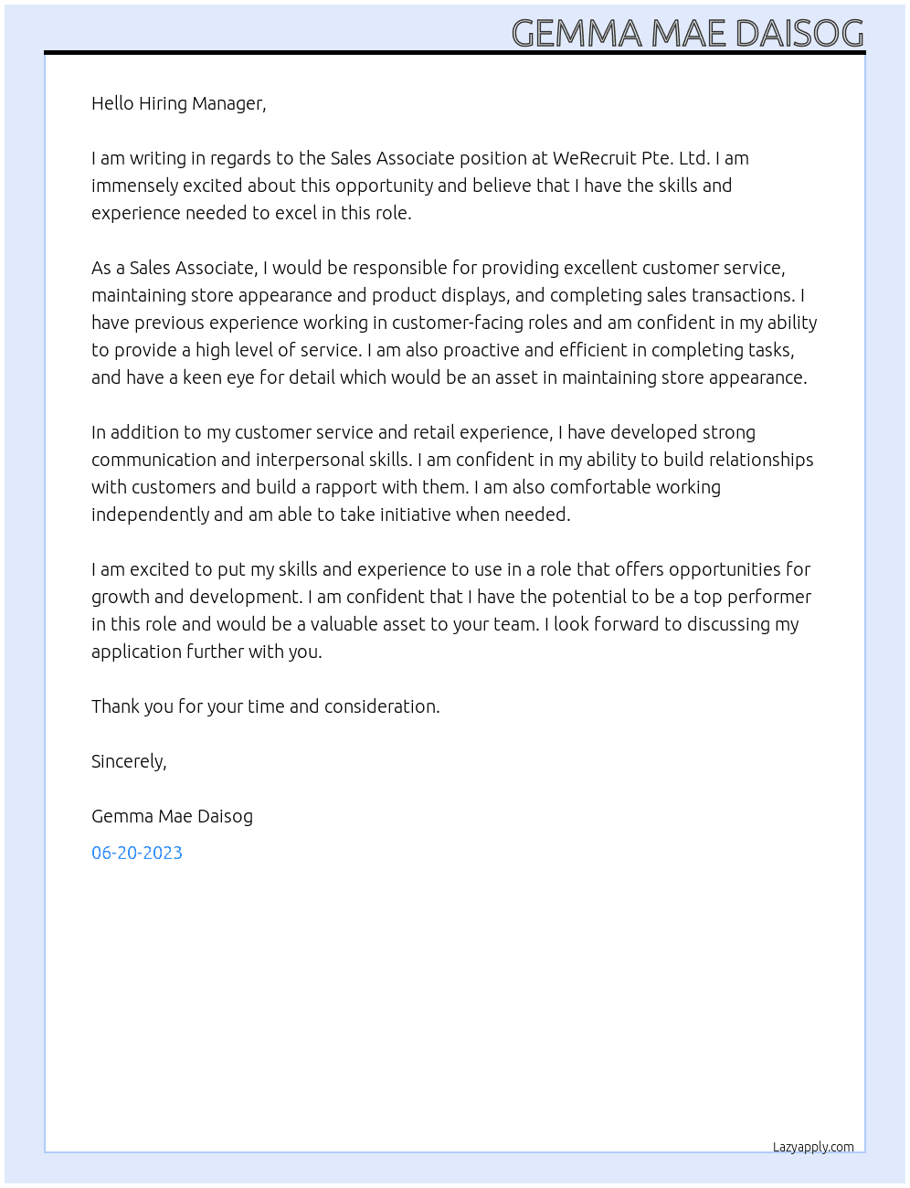 Sales associate At WeRecruit Pte. Ltd Cover Letter