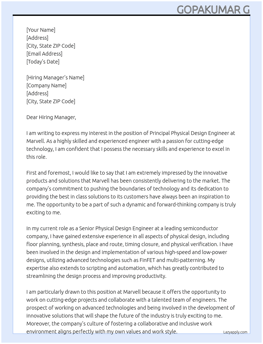 Principal Physical Design Engineer  At Marvell Cover Letter