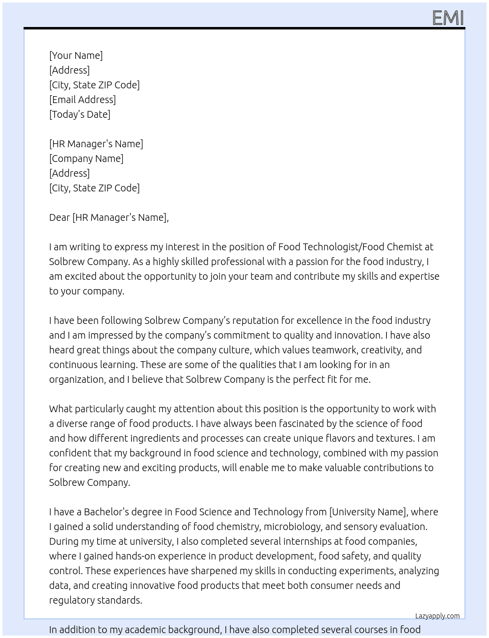 Food technologist or food chemist At Solbrew company Cover Letter