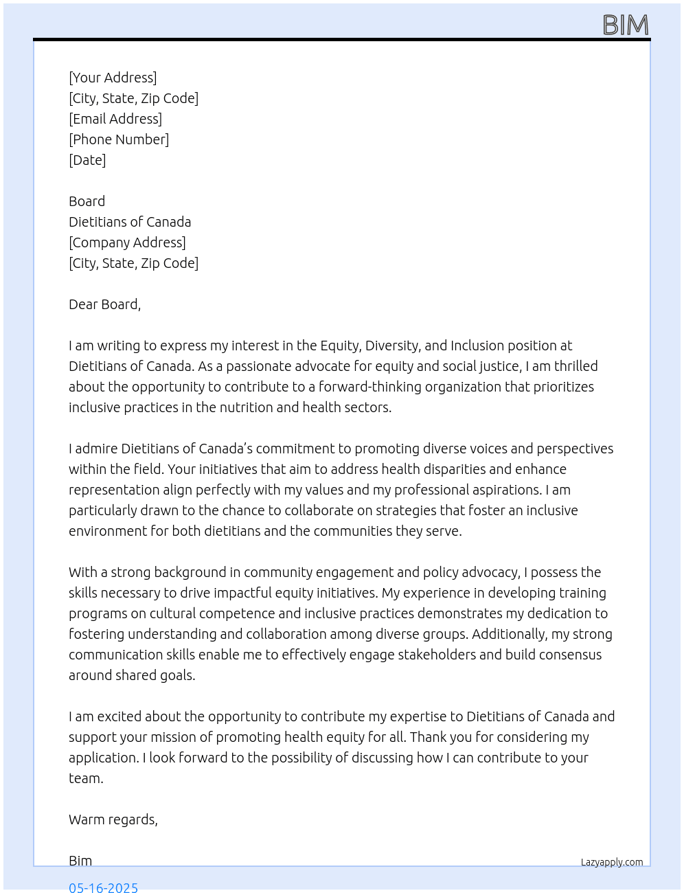 equity diversity and inclusion At dietitians of camboad Cover Letter