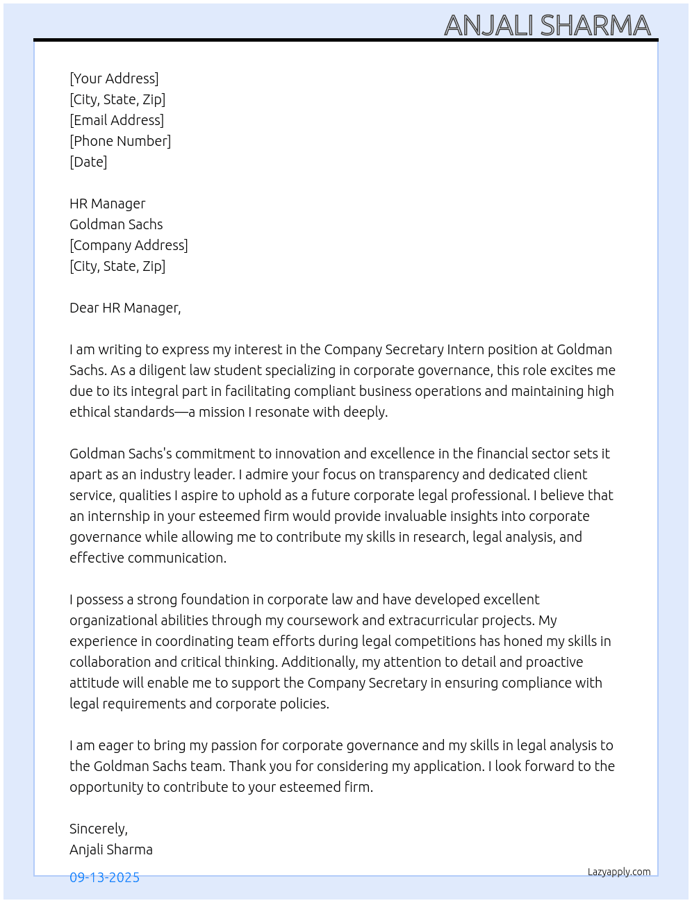 Company Secretary intern At Goldman Sachs  Cover Letter