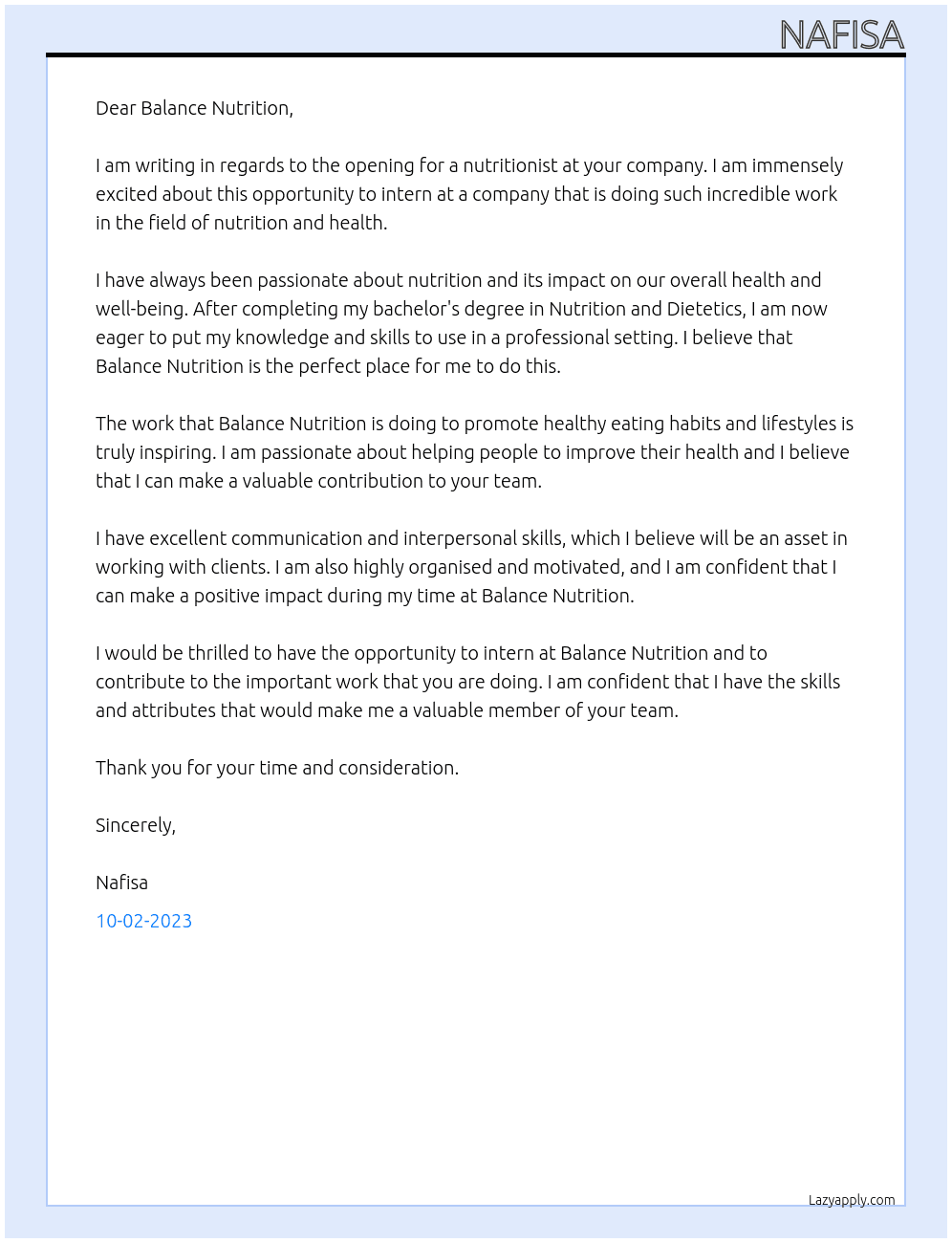 Nutritionist fresher At Balance nutrition  Cover Letter