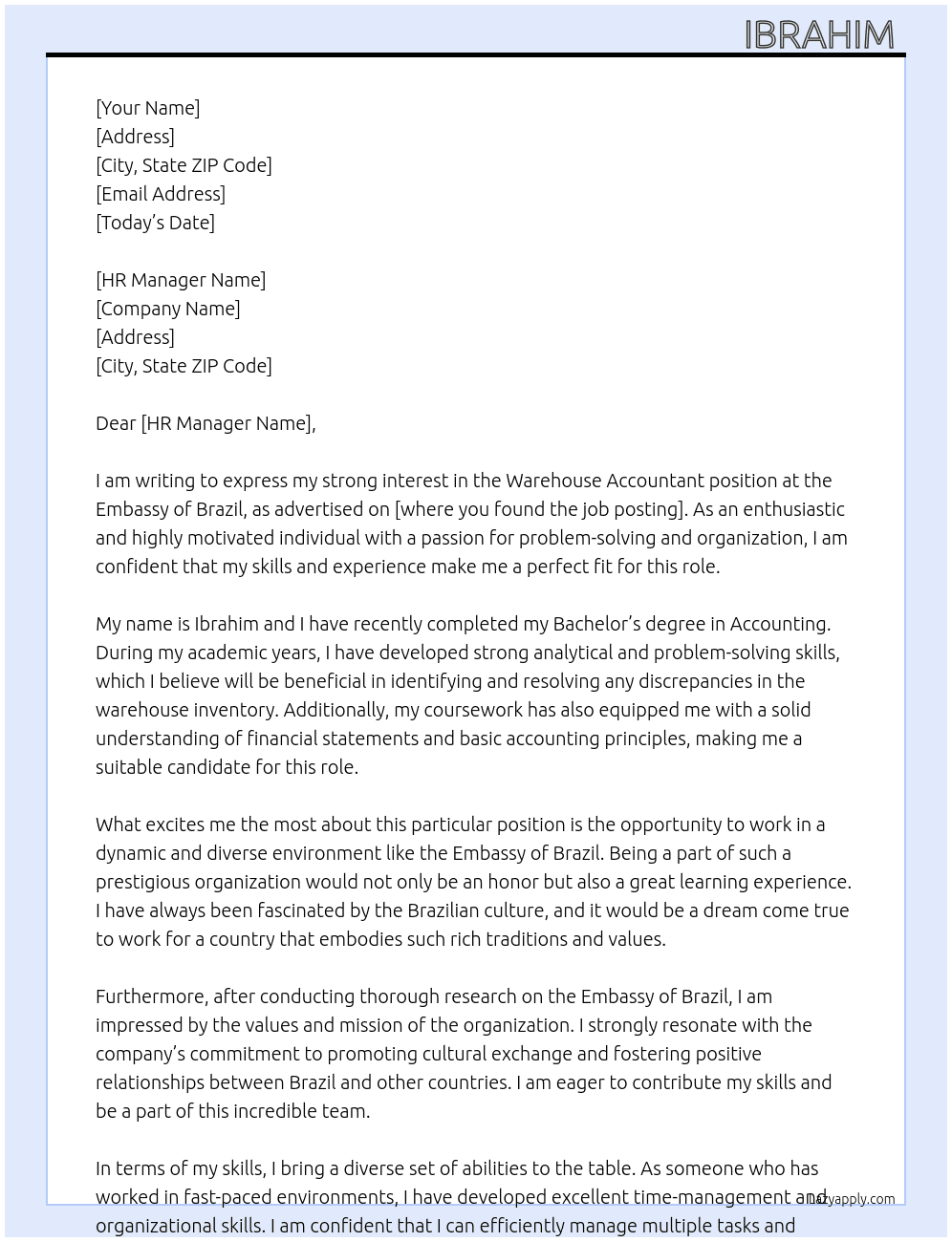 Warehouse accountant  At Embassy of Brazil Cover Letter