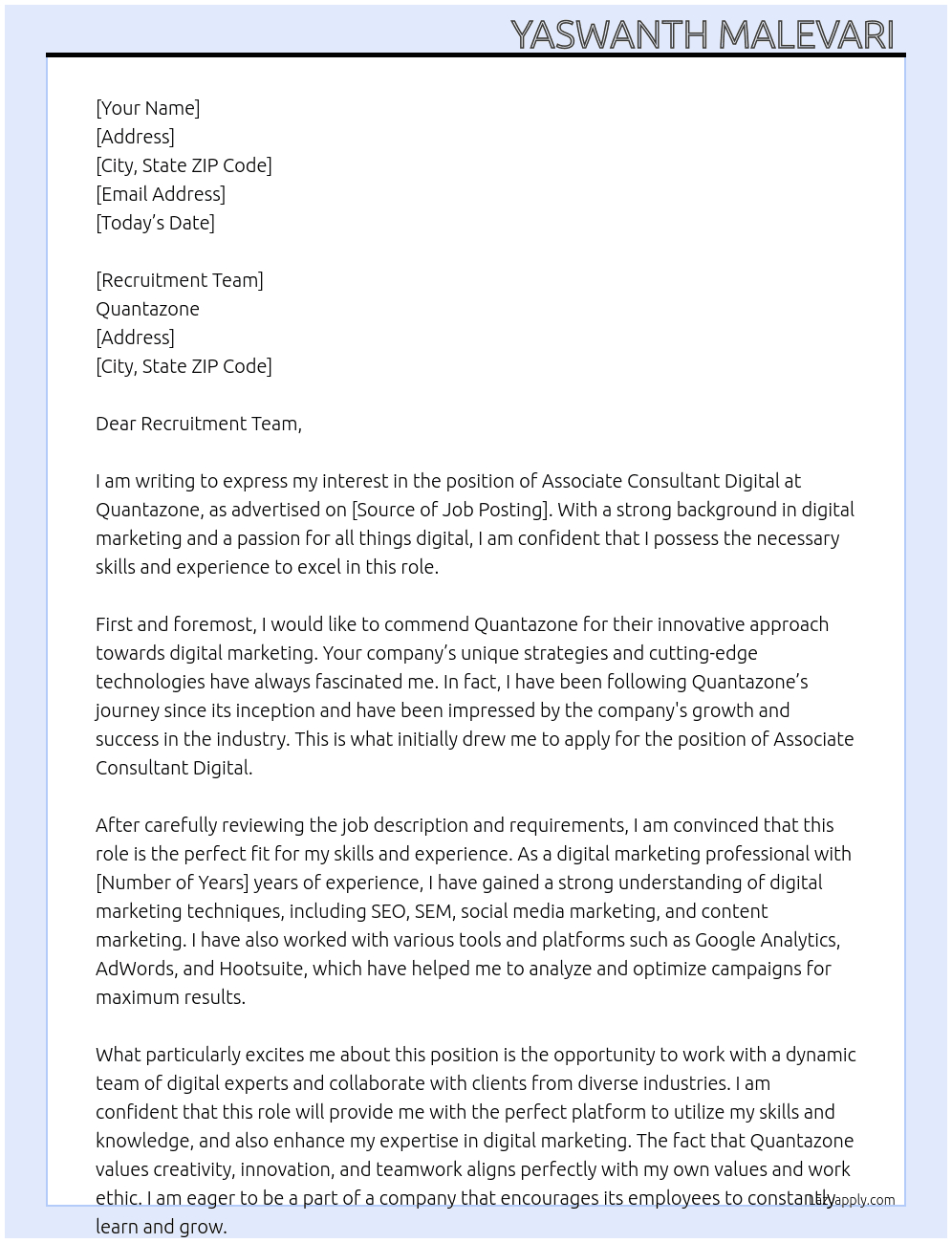 Associate Consultant Digital At Quantazone Cover Letter