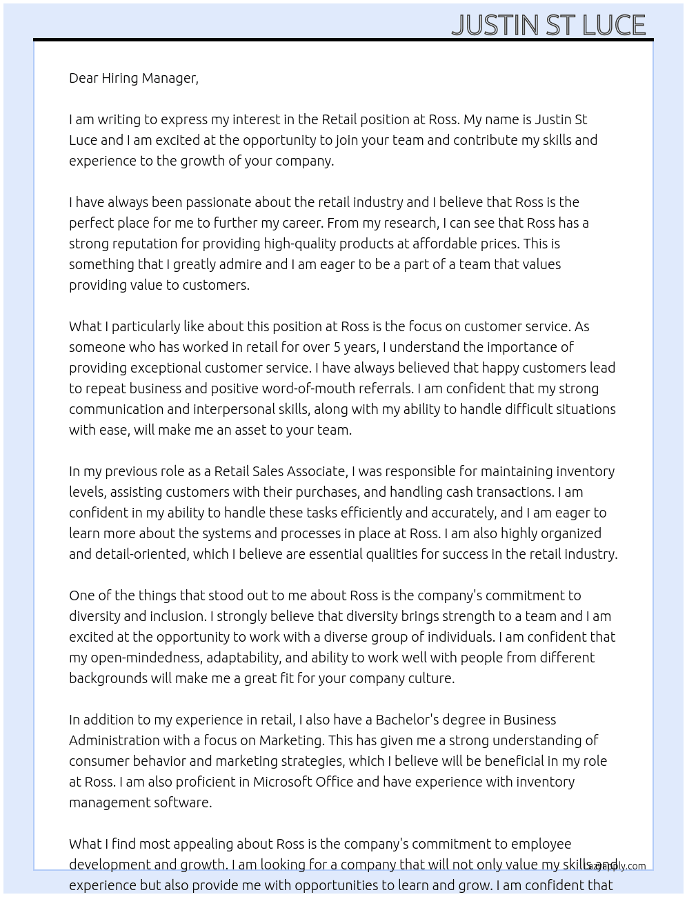 Retail  At Ross  Cover Letter
