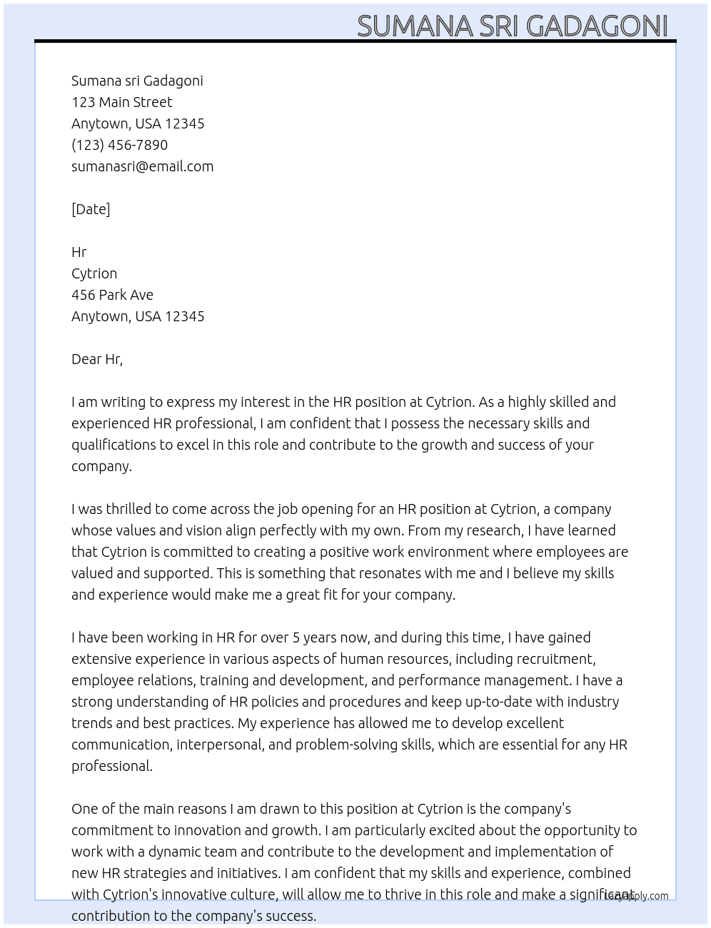 Hr At Cytrion Cover Letter