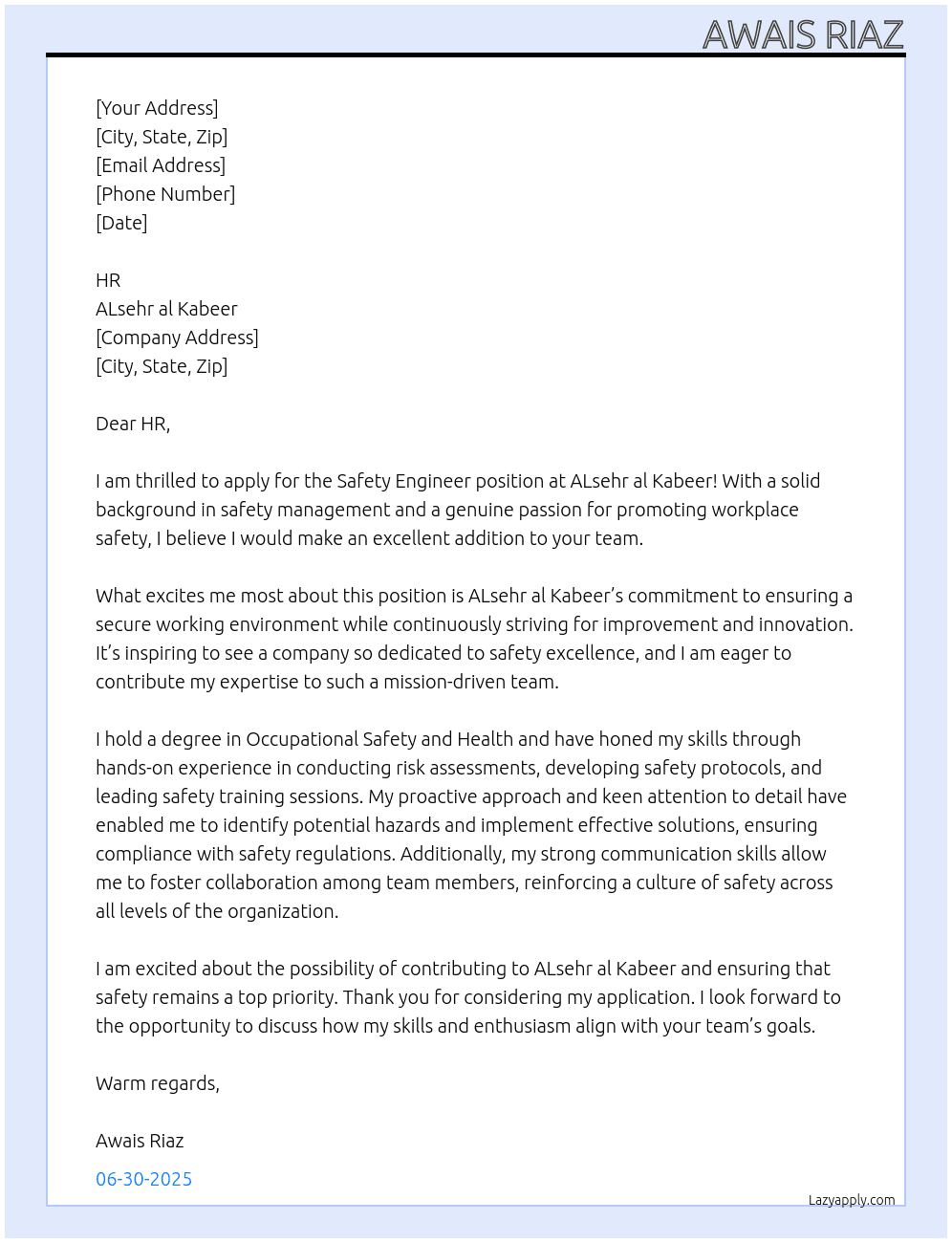 Safety engineer  At ALsehr al Kabeer Cover Letter
