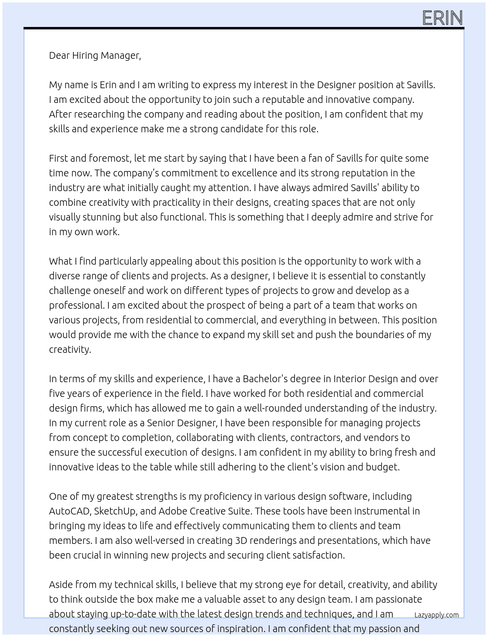 Designer At Savills Cover Letter