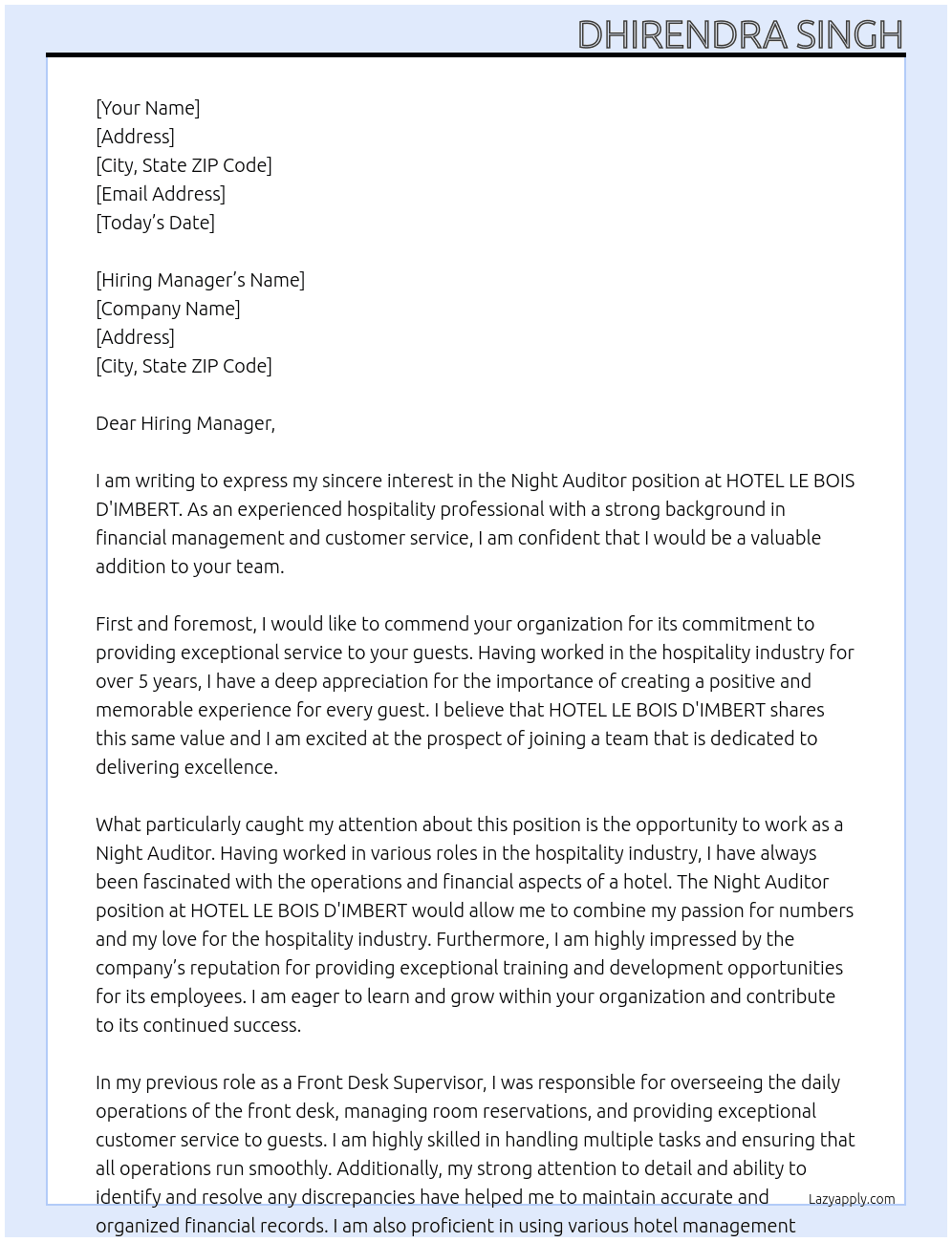 Night Auditor At HOTEL LE BOIS D'IMBERT Cover Letter