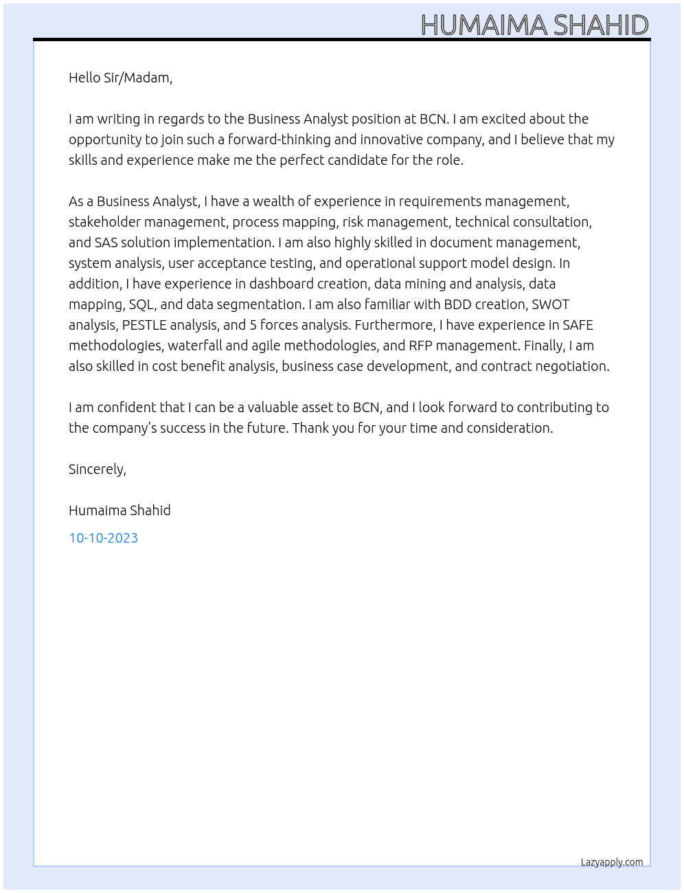 Business Analyst At BCN Cover Letter