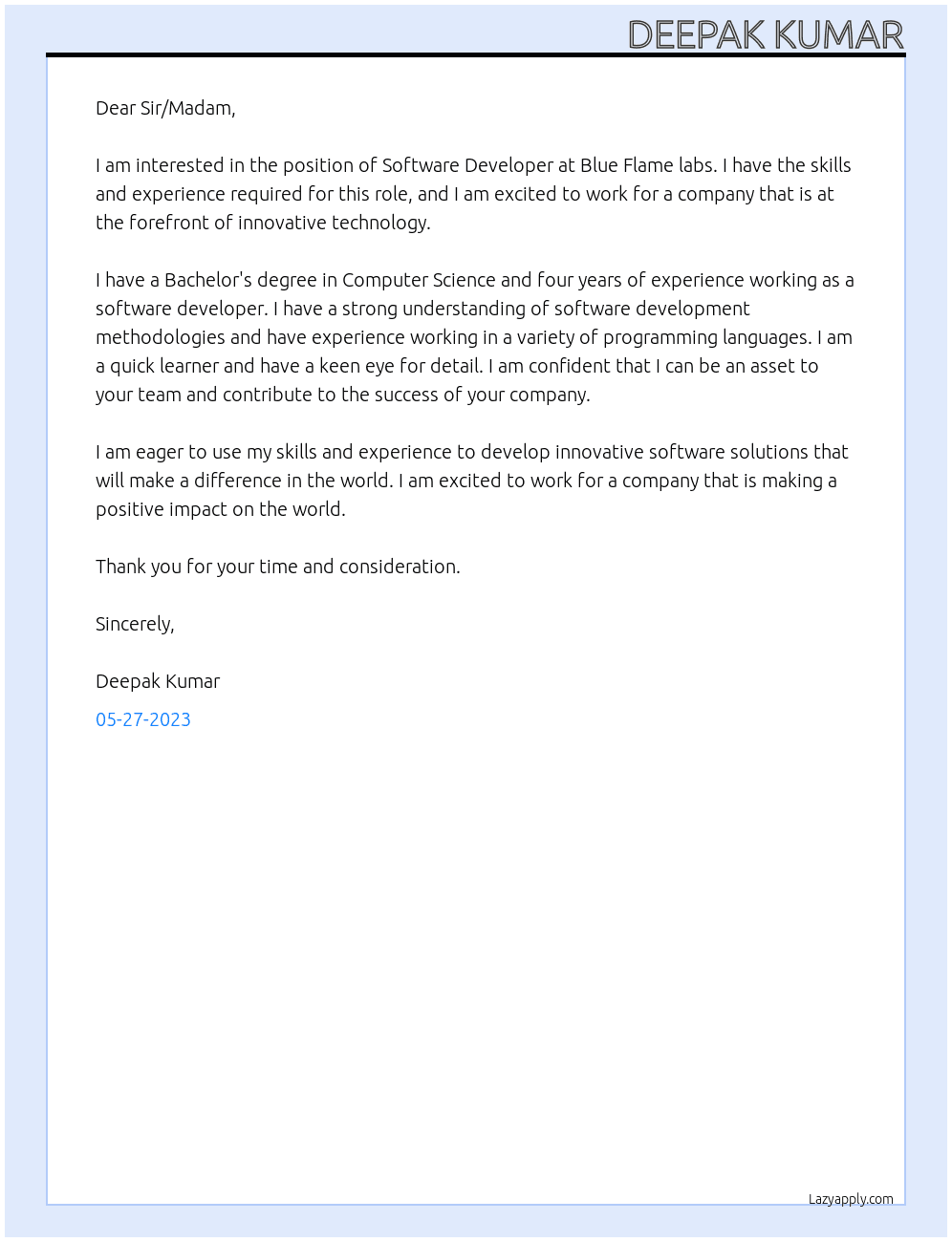Software Developer At Blue Flame labs Cover Letter